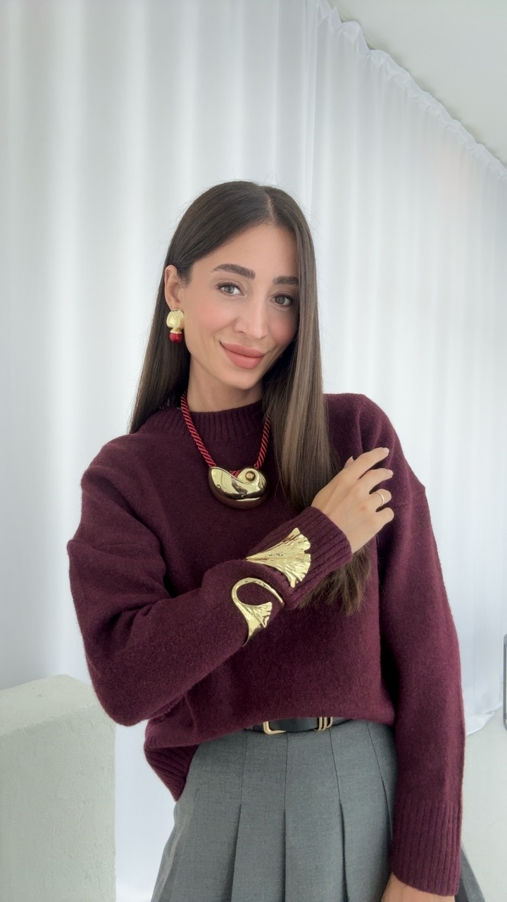 BORDO TOP KÜPE, HALAT İP KOLYE VE YAPRAK KELEPÇE KOMBİNİ