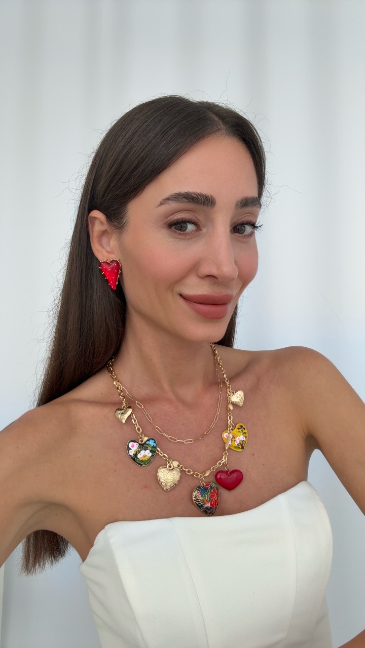 KIRMIZI ÇİLEK & KALP KÜPE VE İKİLİ KALP CHARM KOLYE KOMBİNLERİ