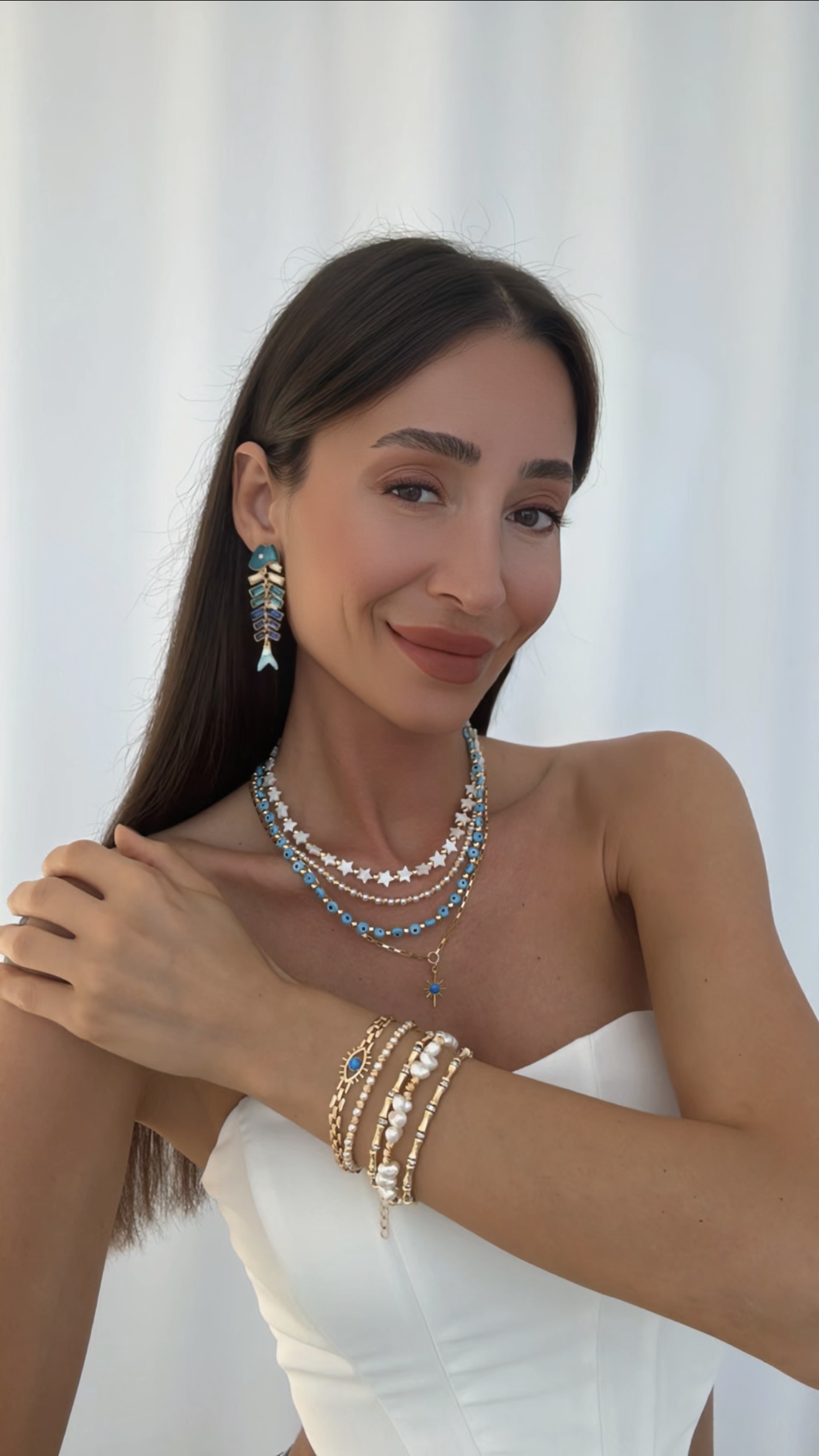 MAVİ BAGET TAŞLI BALIK KÜPE VE İNCİ & OPAL KOLYE KOMBİNİ